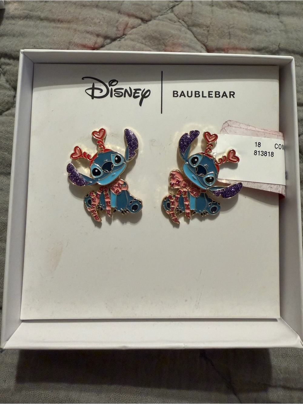 Disney Stitch Heart Charm Stud Earrings - Blue, Purple & Pink